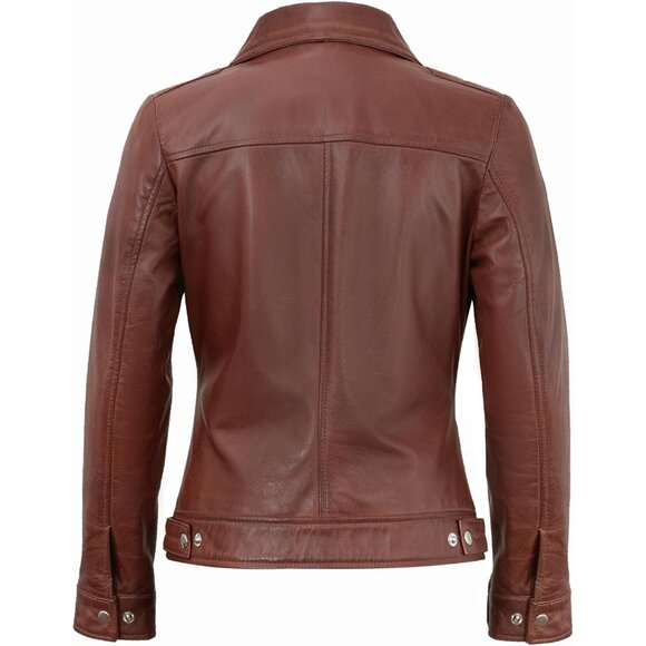 Women's Real Lambskin Outwear Jackets Stylish Turn Down Collar Brown Leather - Picture 4 of 5